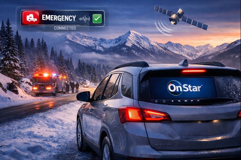 GM vehicle stopped on a snowy Colorado mountain road using OnStar emergency connectivity after a winter driving incident